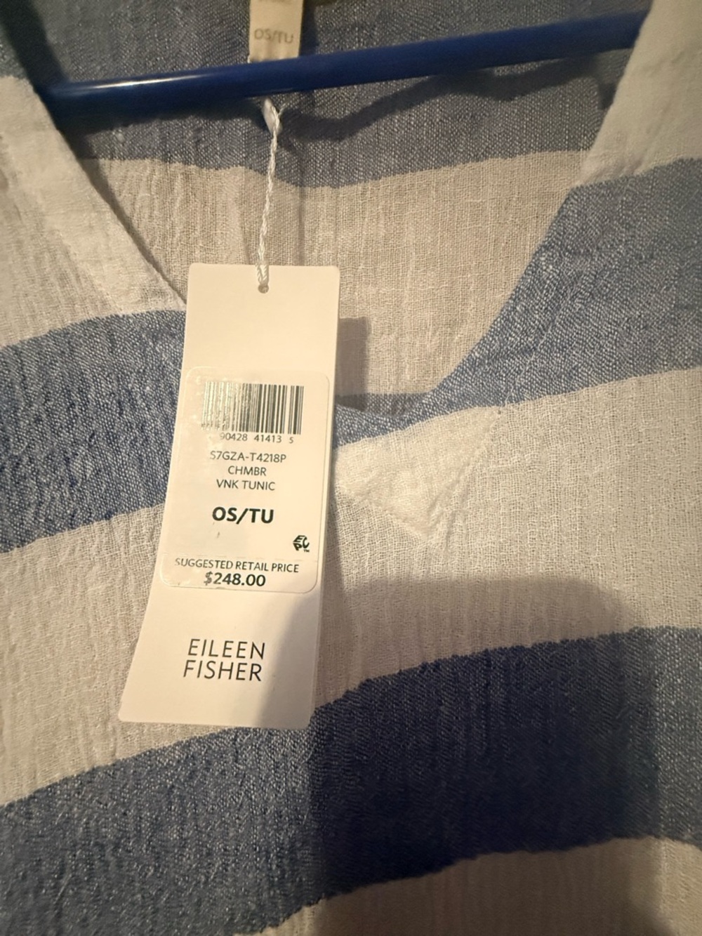 Eileen Fisher Blue and White Striped V-Neck Tunic Dress - Picture 8 of 11